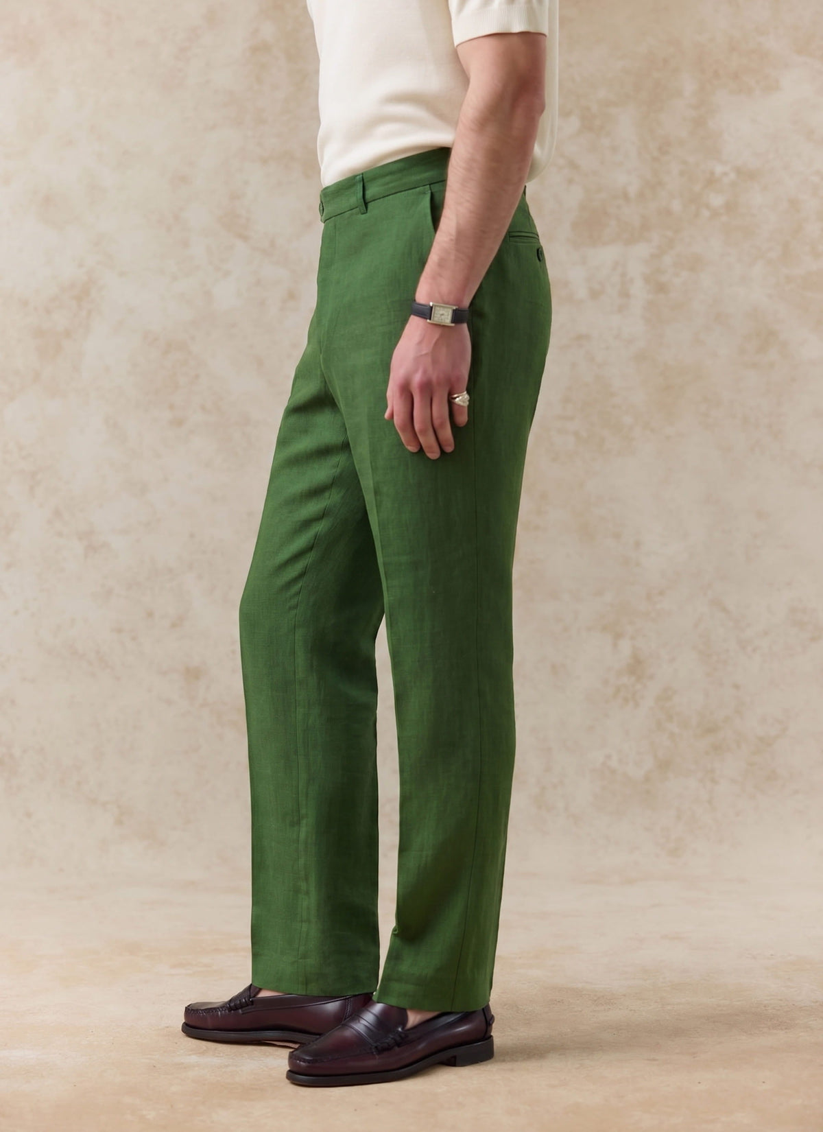 Men's Tailored Linen Trousers - Straight Leg - Forest Green