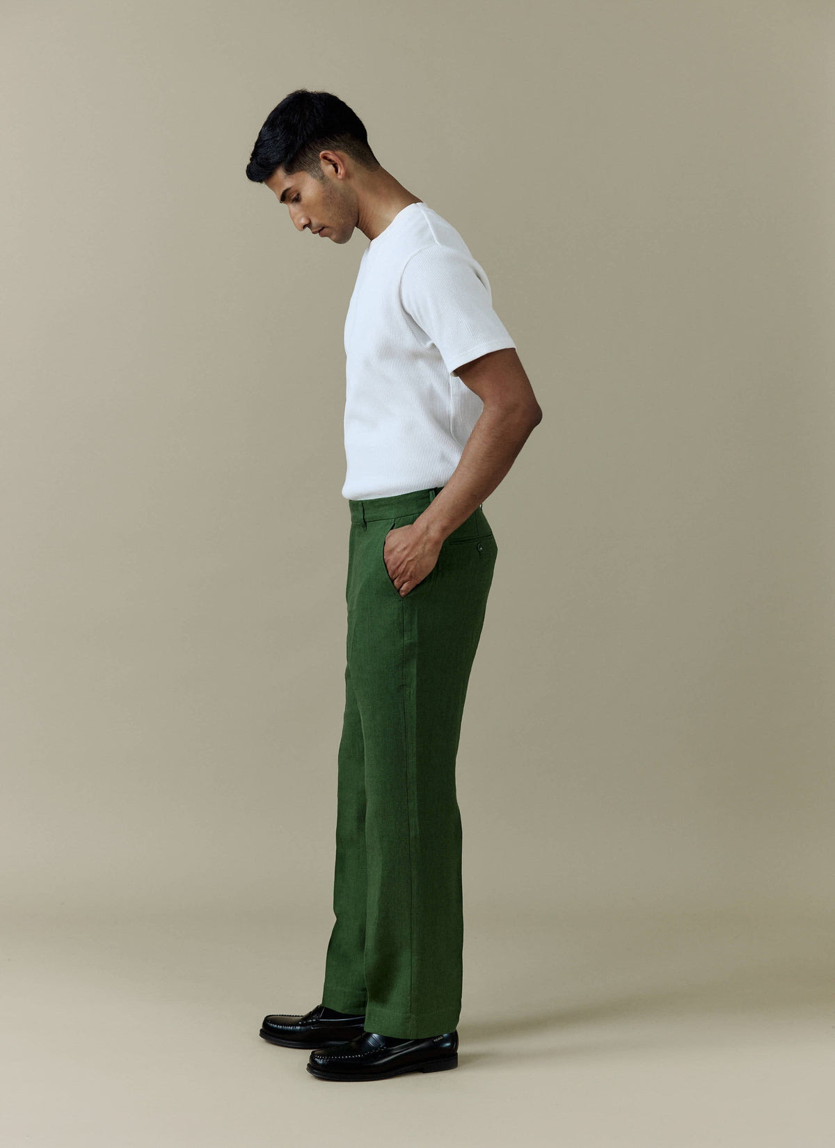 Men's Tailored Linen Trousers - Straight Leg - Forest Green