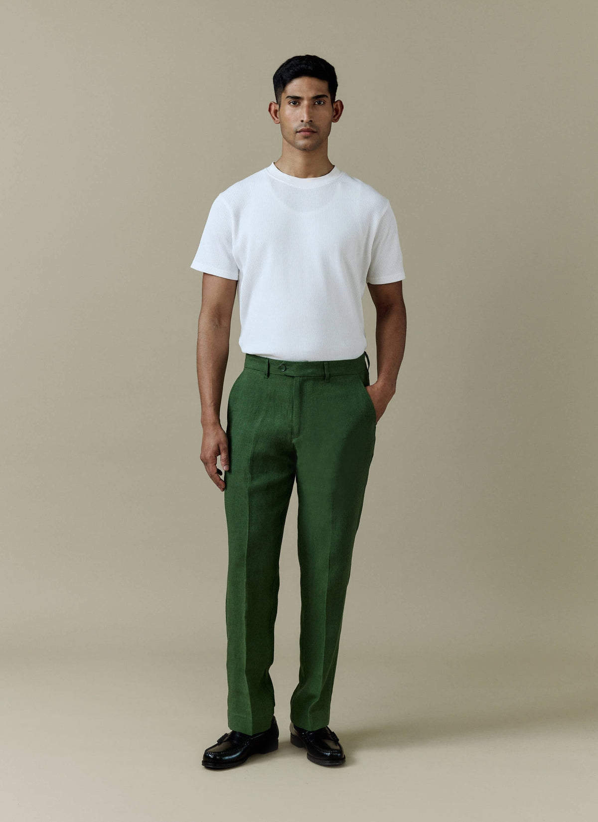 Men's Tailored Linen Trousers - Straight Leg - Forest Green
