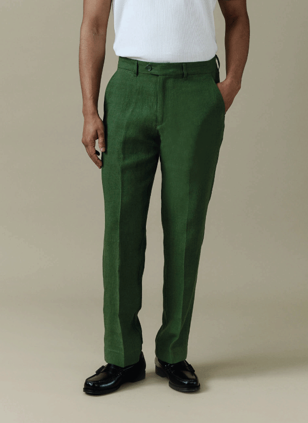 Men's Tailored Linen Trousers - Straight Leg - Forest Green