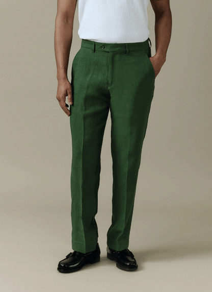 Men's Tailored Linen Trousers - Straight Leg - Forest Green