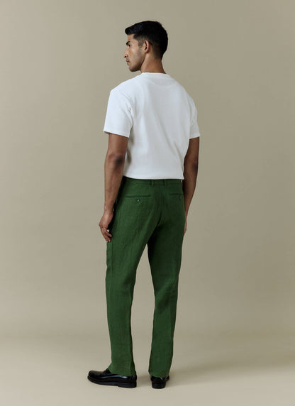 Men's Tailored Linen Trousers - Straight Leg - Forest Green