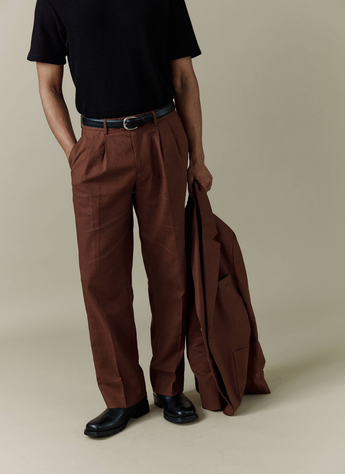 Men's Pleated Suit Trousers - Linen - Brown