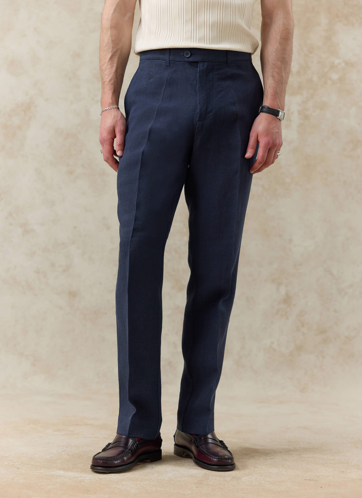 Men's Tailored Linen Trousers - Straight Leg - Navy Blue