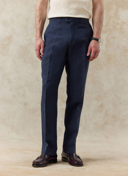 Men's Tailored Linen Trousers - Straight Leg - Navy Blue