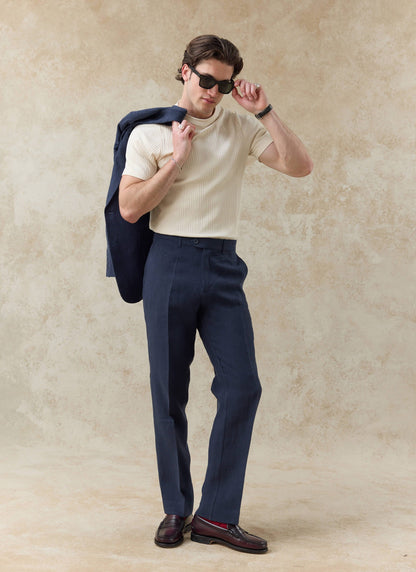 Men's Tailored Linen Trousers - Straight Leg - Navy Blue