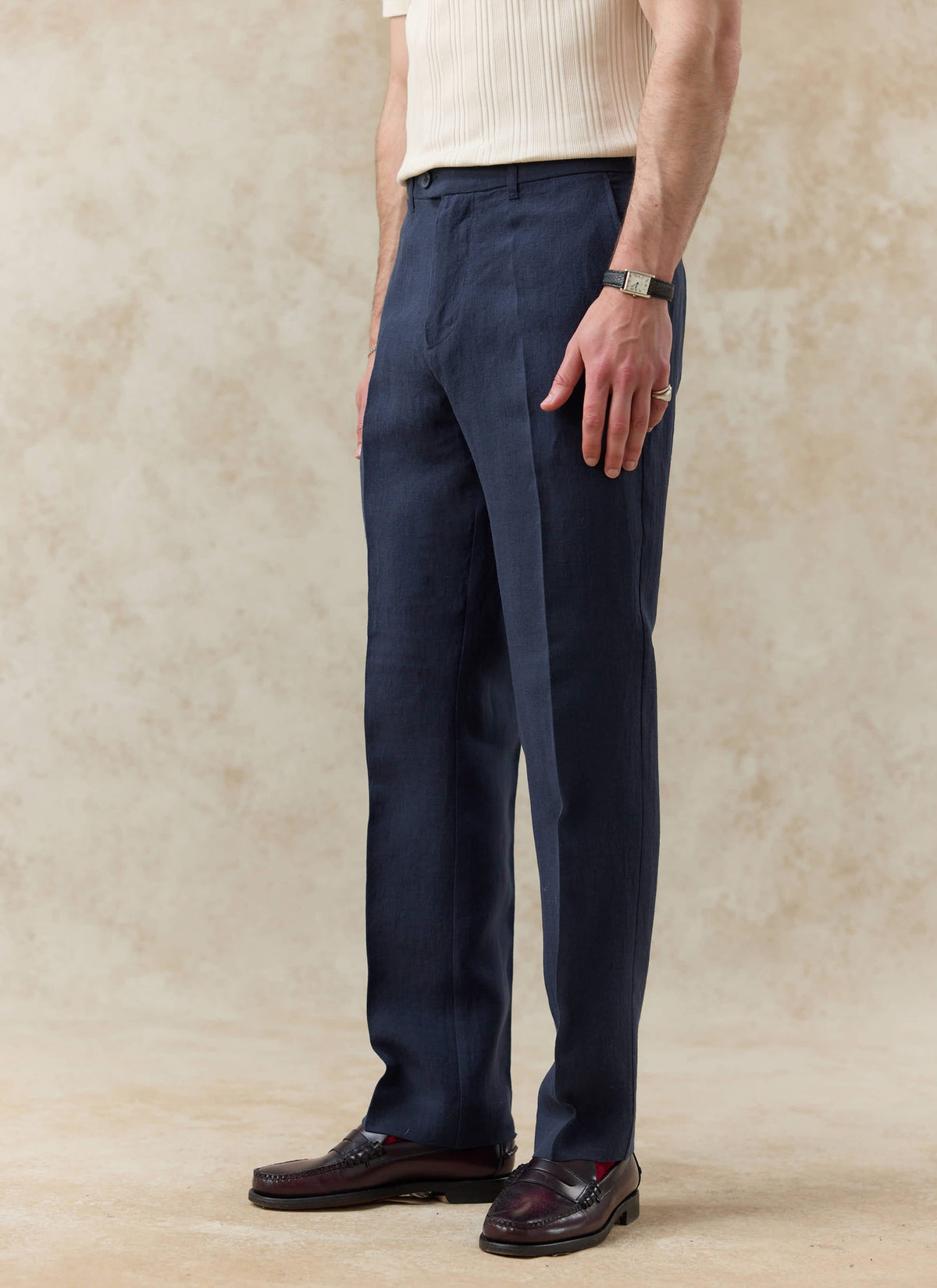 Men's Tailored Linen Trousers - Straight Leg - Navy Blue
