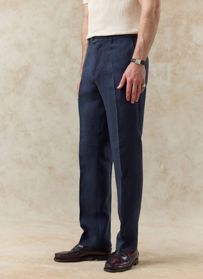 Men's Tailored Linen Trousers - Straight Leg - Navy Blue