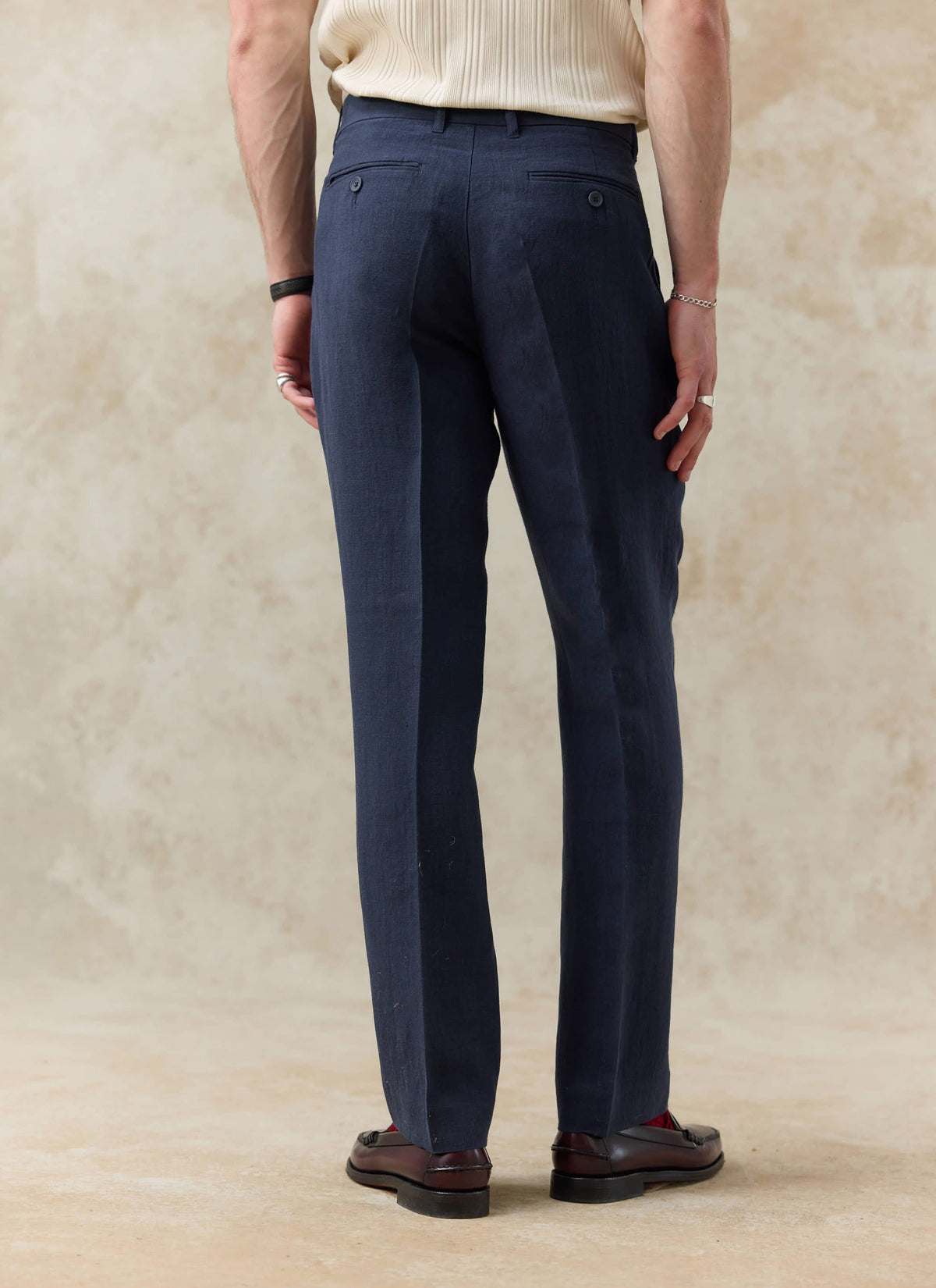 Men's Tailored Linen Trousers - Straight Leg - Navy Blue