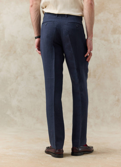 Men's Tailored Linen Trousers - Straight Leg - Navy Blue