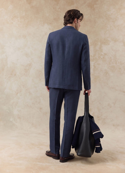 Men's Tailored Linen Trousers - Straight Leg - Navy Blue