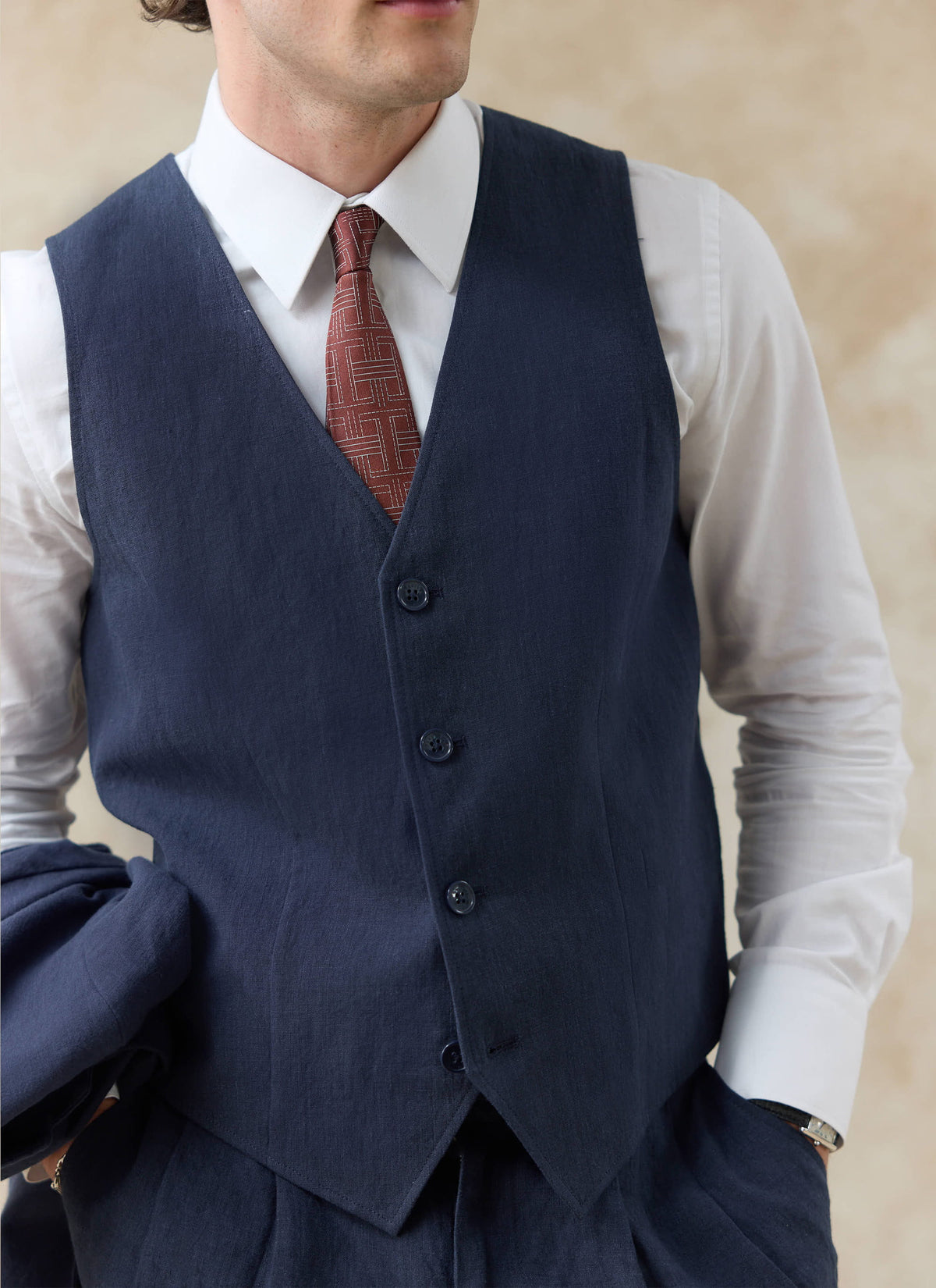 Men's Waistcoat - Linen - Navy Blue