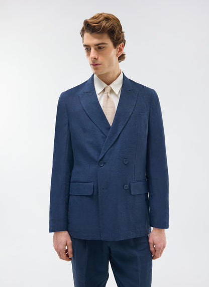 Percival Men's Linen Double Breasted Blazer - Wedding Suit Jacket - Navy Blue