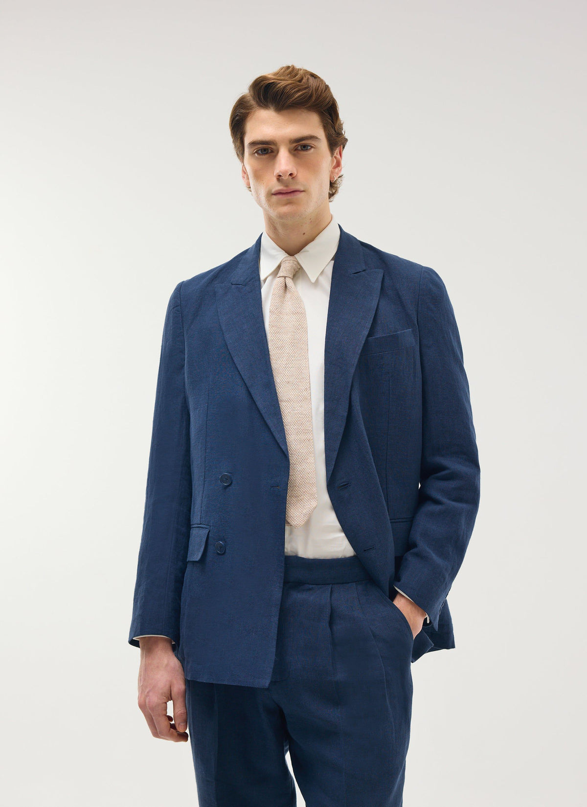 Percival Men's Linen Double Breasted Blazer - Wedding Suit Jacket - Navy Blue
