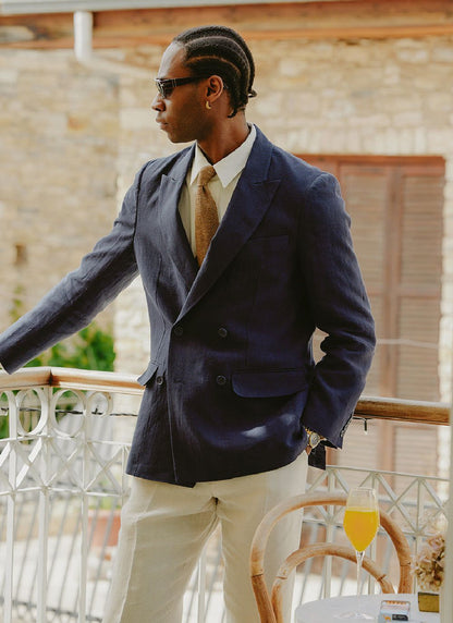 Percival Men's Linen Double Breasted Blazer - Wedding Suit Jacket - Navy Blue