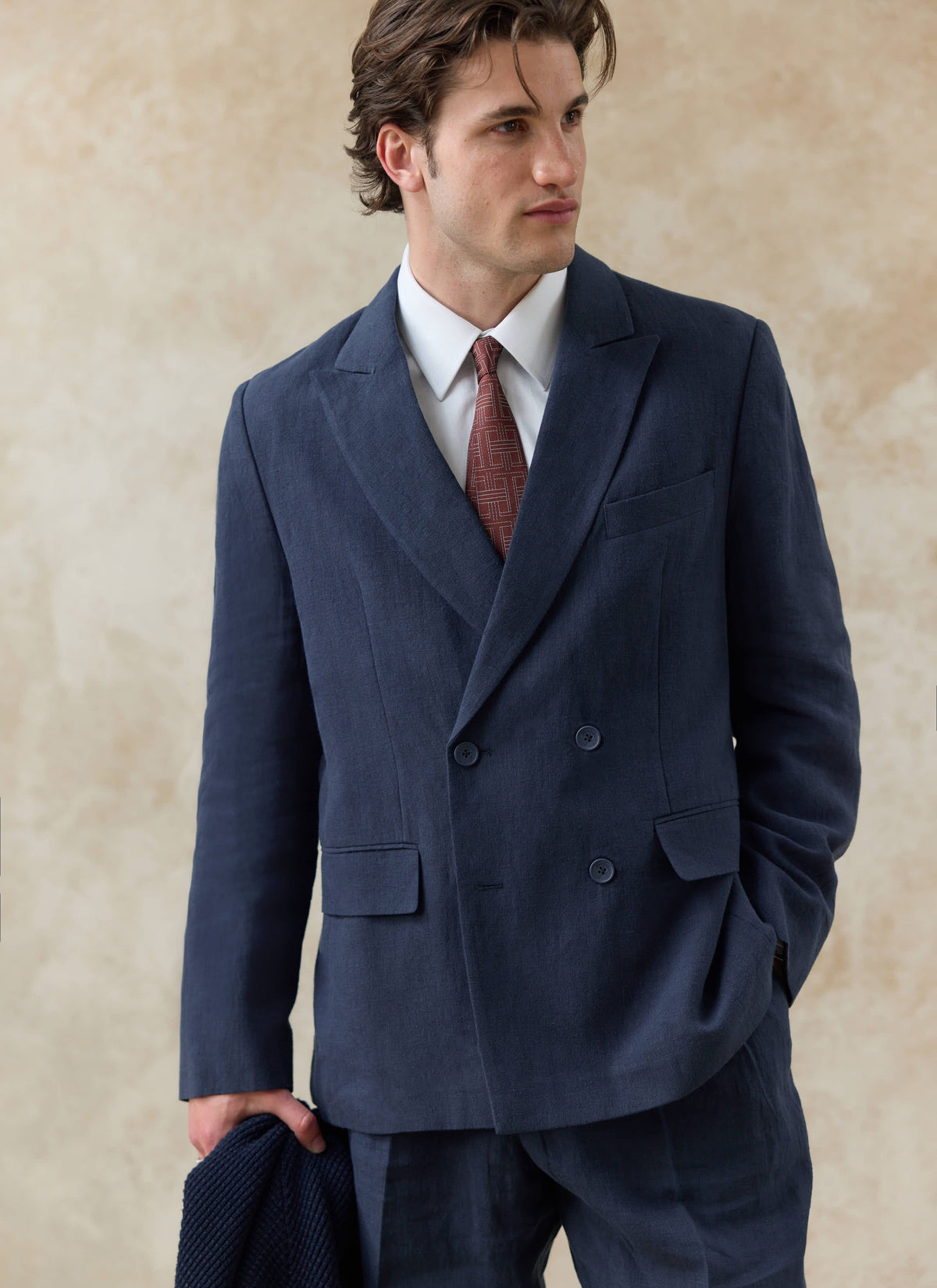 Men's Linen Double Breasted Blazer - Navy Blue