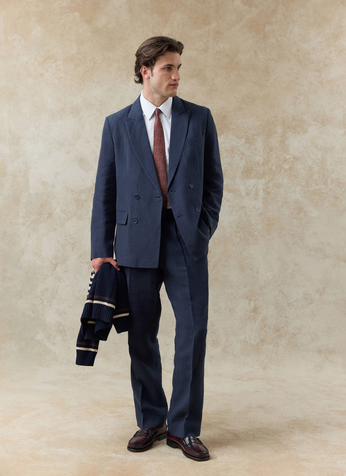 Men's Linen Double Breasted Blazer - Navy Blue