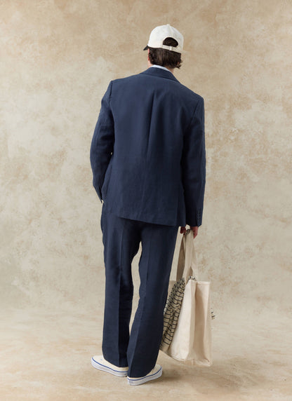 Men's Linen Double Breasted Blazer - Navy Blue