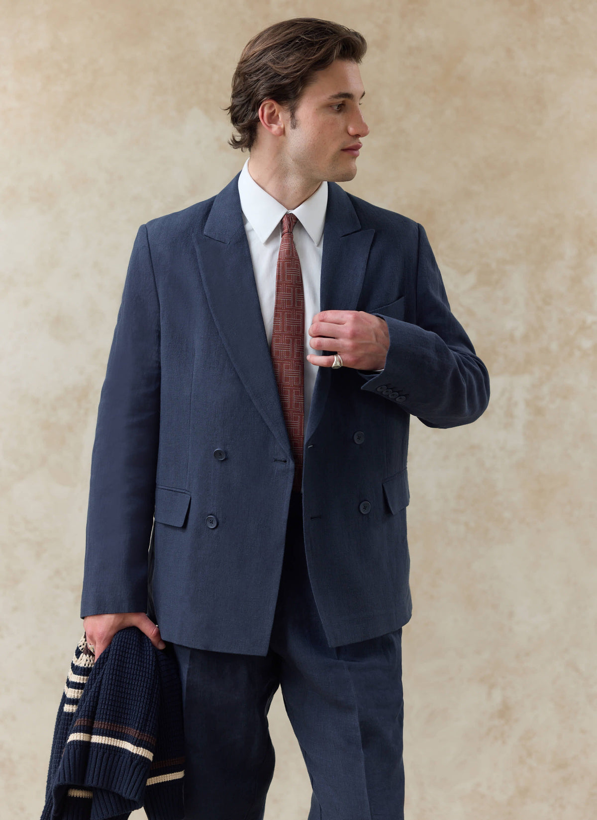 Men's Linen Double Breasted Blazer - Navy Blue