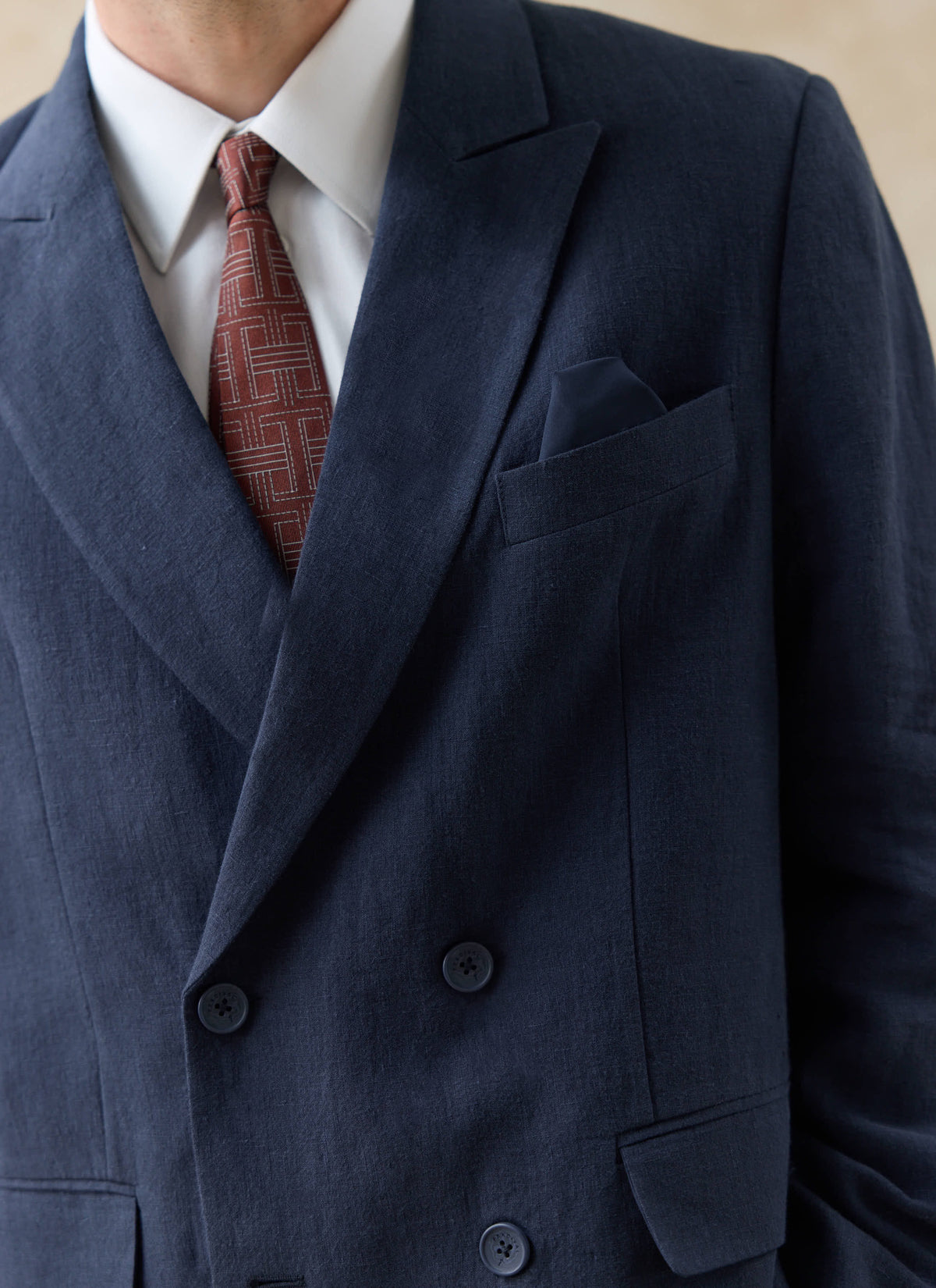 Men's Linen Double Breasted Blazer - Navy Blue