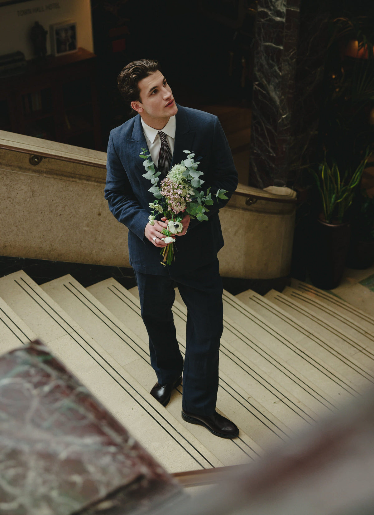 Men's Linen Double Breasted Blazer - Navy Blue