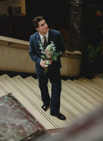 Men's Linen Double Breasted Blazer - Navy Blue