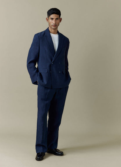 Men's Linen Double Breasted Blazer - Navy Blue