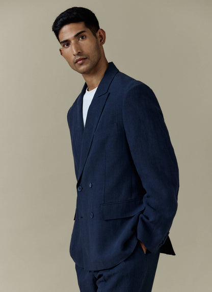 Men's Linen Double Breasted Blazer - Navy Blue