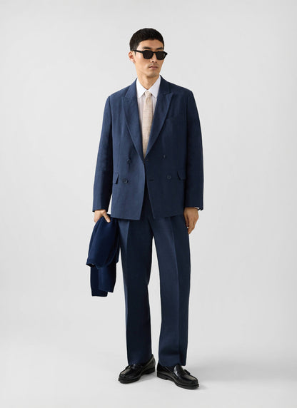 Men's Linen Double Breasted Blazer - Navy Blue