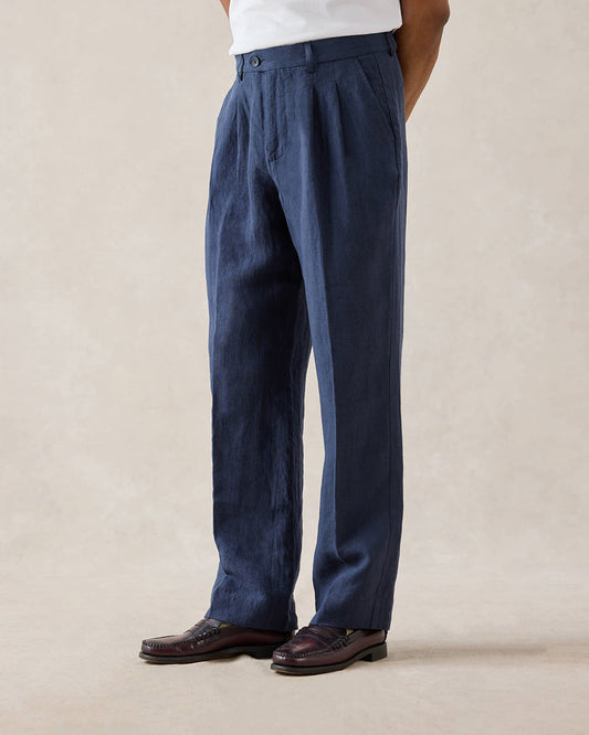 Men's Pleated Suit Trousers - Linen - Navy Blue