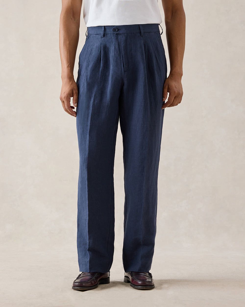 Men's Pleated Suit Trousers - Linen - Navy Blue