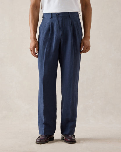Men's Pleated Suit Trousers - Linen - Navy Blue