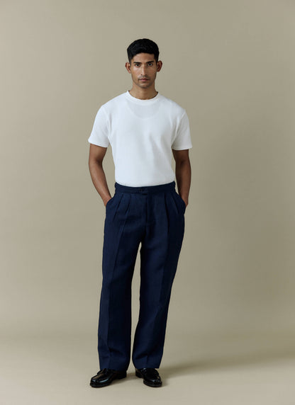 Men's Pleated Suit Trousers - Linen - Navy Blue