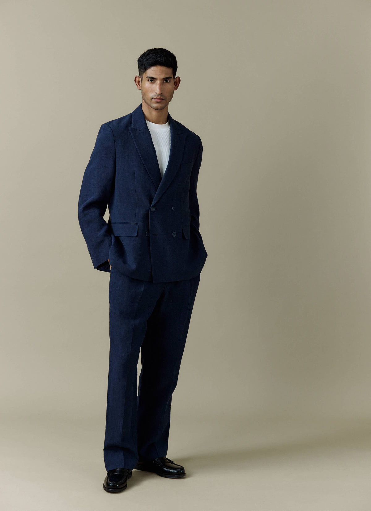Men's Pleated Suit Trousers - Linen - Navy Blue