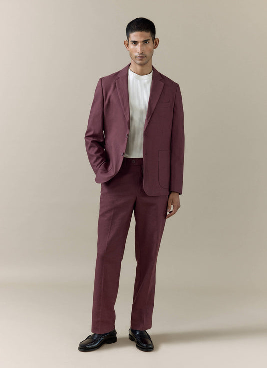 Men's Burgundy Tailored Blazer - Linen Blend