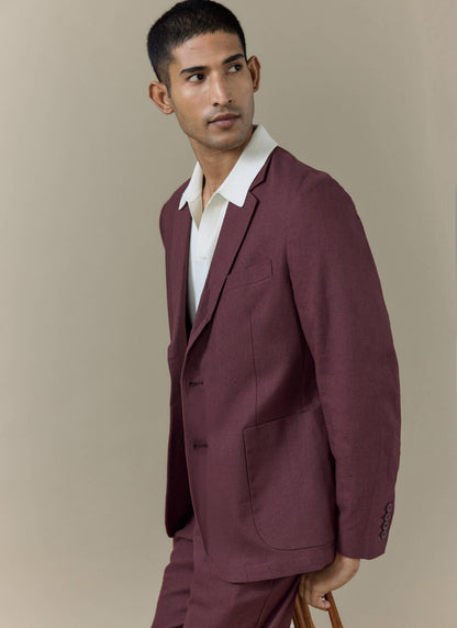 Men's Burgundy Tailored Blazer - Linen Blend