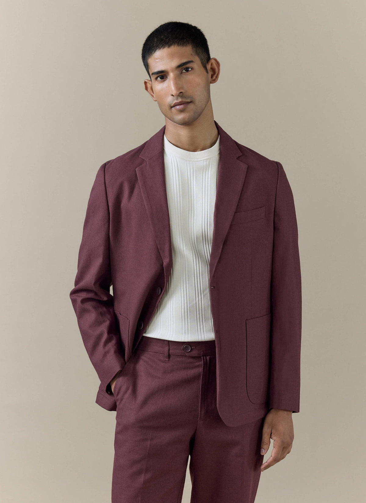 Men's Burgundy Tailored Blazer - Linen Blend