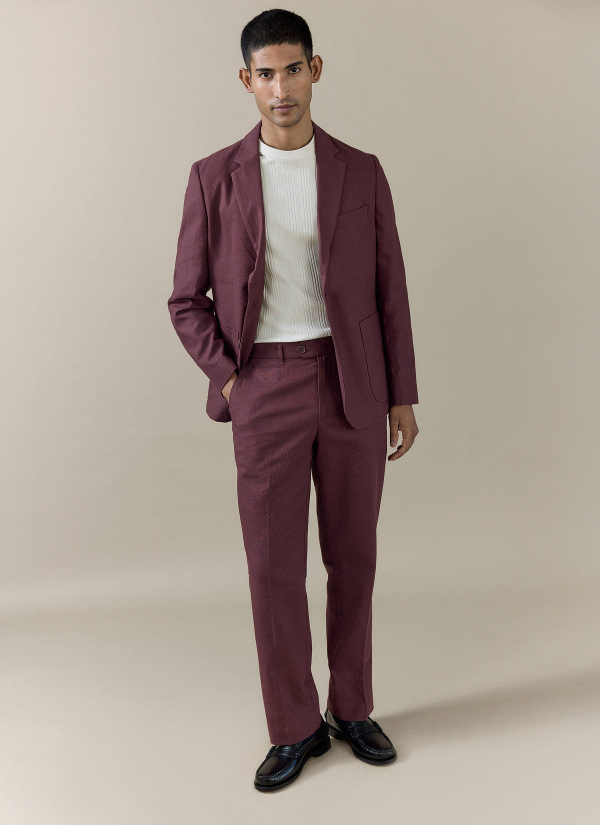 Men's Burgundy Tailored Blazer - Linen Blend