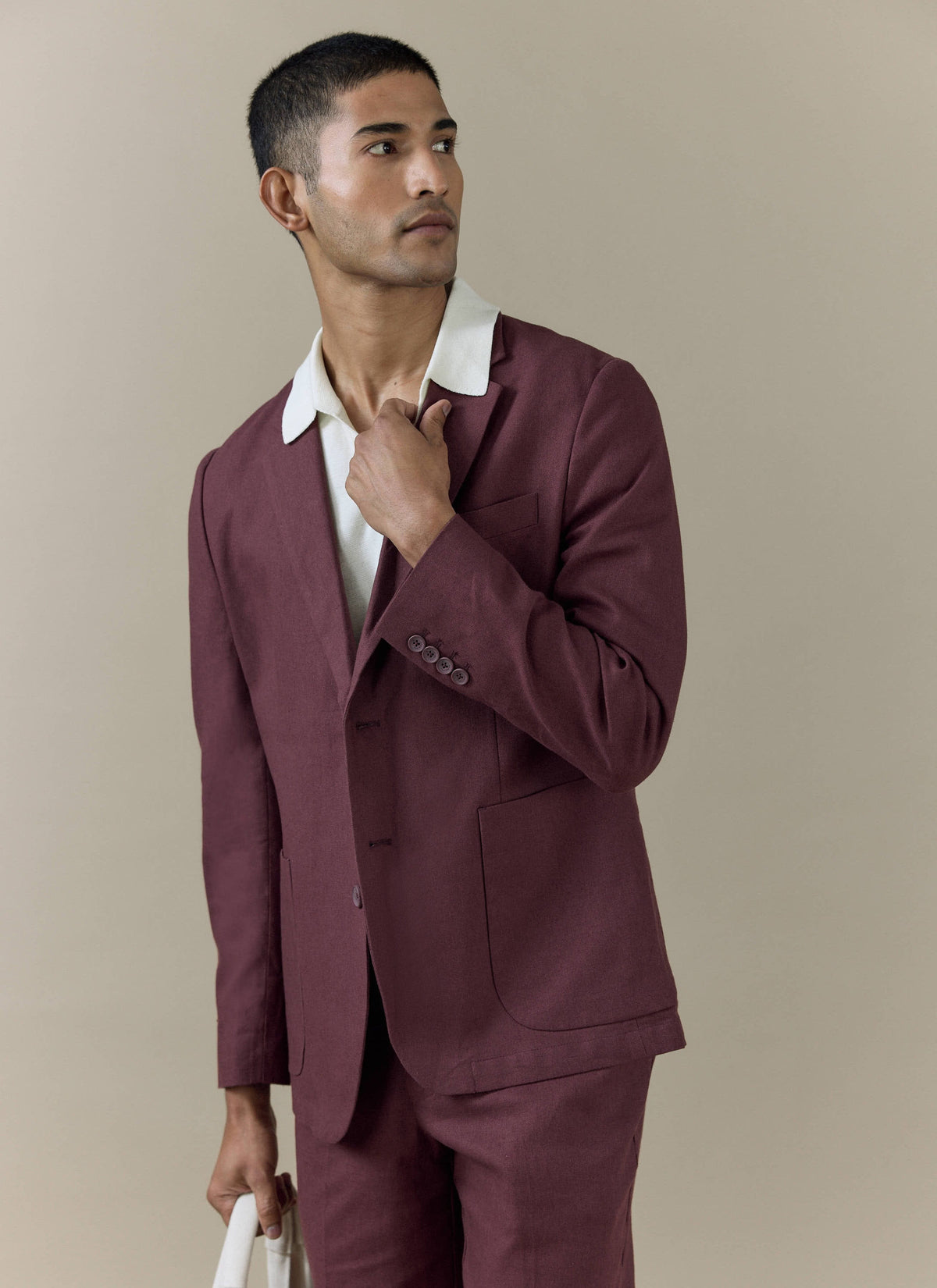 Men's Burgundy Tailored Blazer - Linen Blend