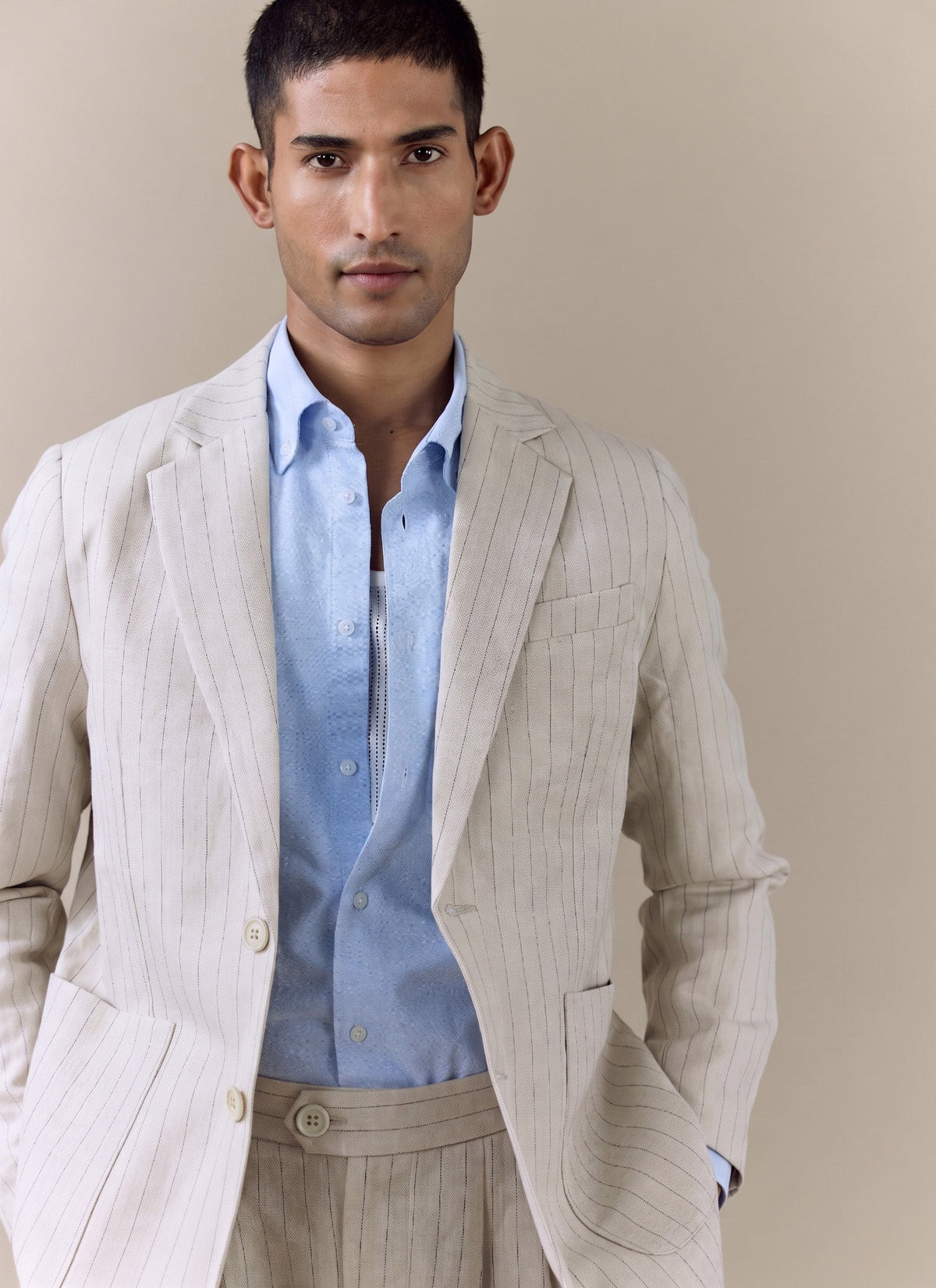 Men's Tailored Pin Stripe Blazer - Cream - Linen Blend