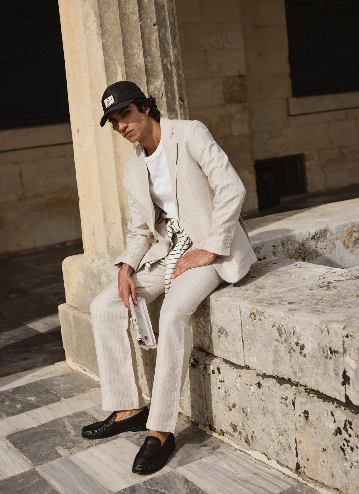 Men's Tailored Pin Stripe Blazer - Cream - Linen Blend