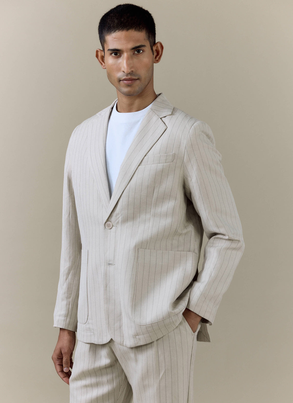 Men's Tailored Pin Stripe Blazer - Cream - Linen Blend