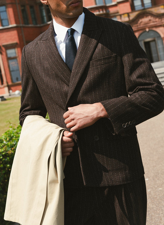 Men's Pinstripe Double Breasted Blazer - Wool - Brown - Percival