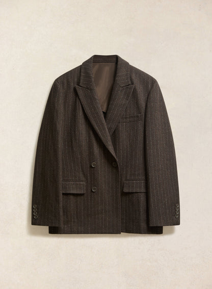 Men's Pinstripe Double Breasted Blazer - Wool - Brown - Percival