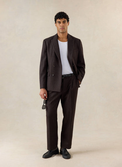 Men's Pinstripe Double Breasted Blazer - Wool - Brown - Percival