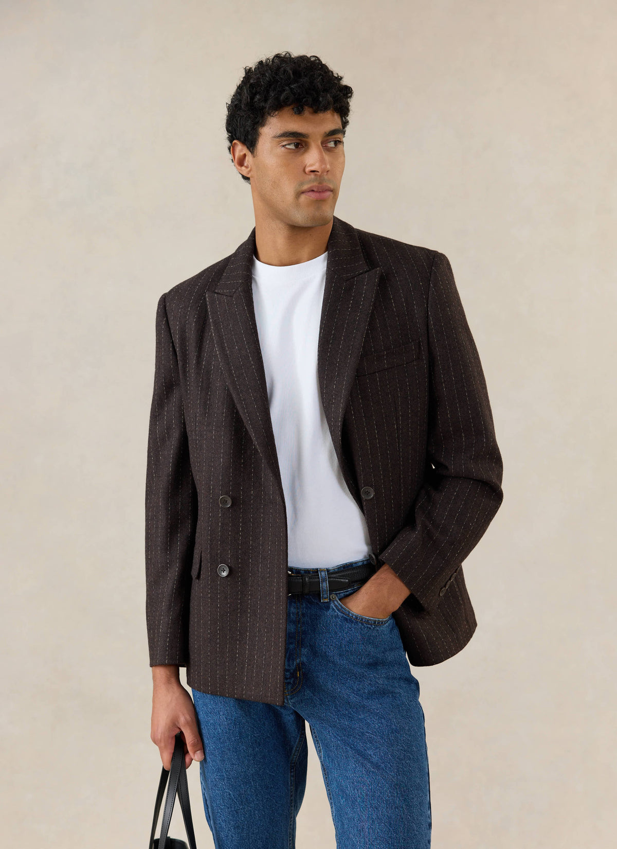 Men's Pinstripe Double Breasted Blazer - Wool - Brown - Percival