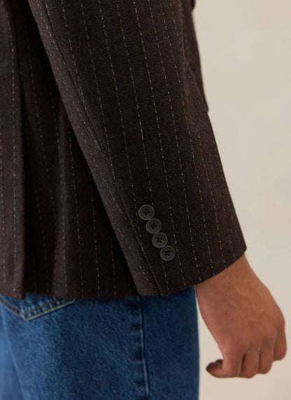 Men's Pinstripe Double Breasted Blazer - Wool - Brown - Percival