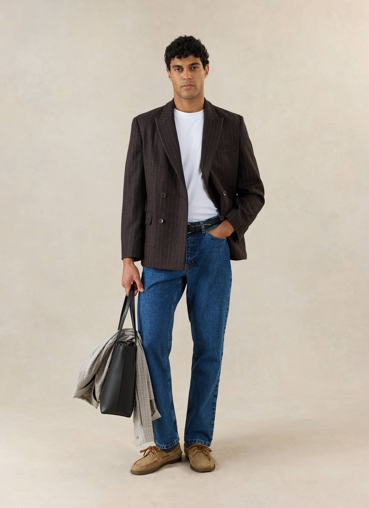 Men's Pinstripe Double Breasted Blazer - Wool - Brown - Percival