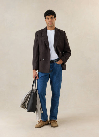 Men's Pinstripe Double Breasted Blazer - Wool - Brown - Percival