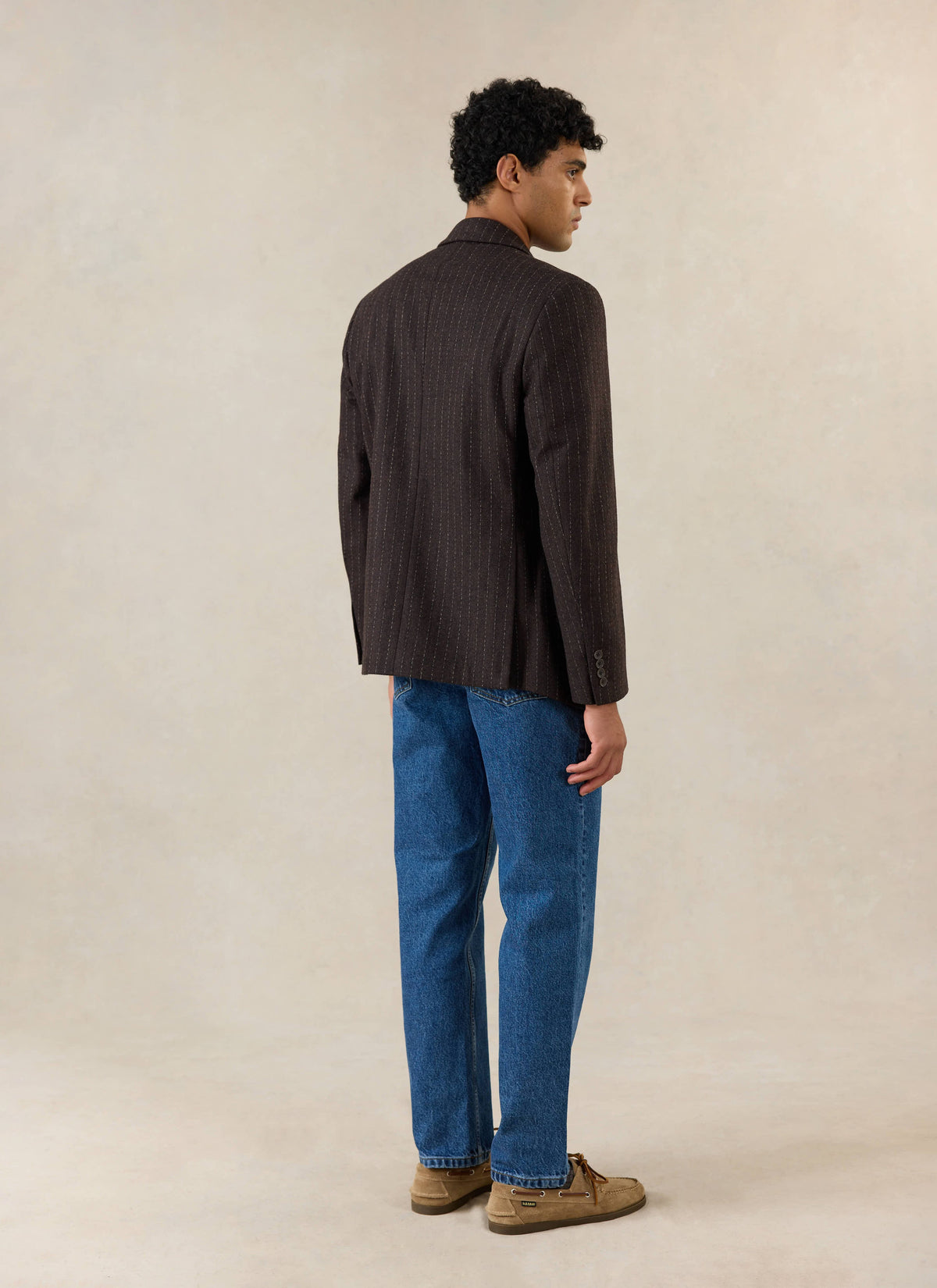 Men's Pinstripe Double Breasted Blazer - Wool - Brown - Percival